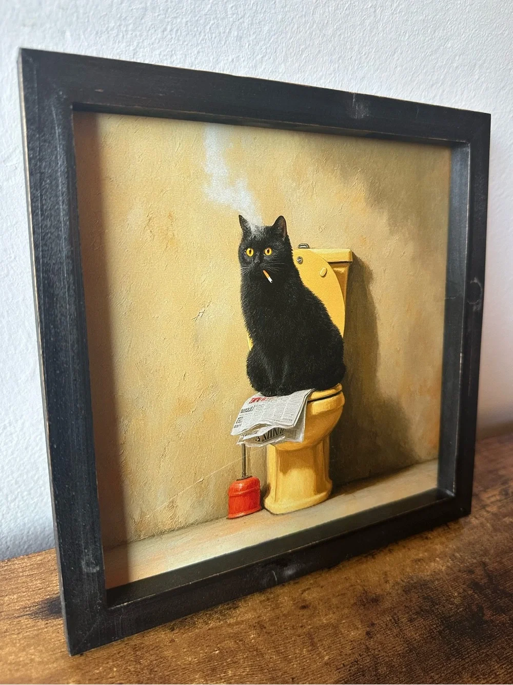 Framed Wooden Black Cat Smoking on Yellow Toilet Art Wall Decor Funny Home NWT